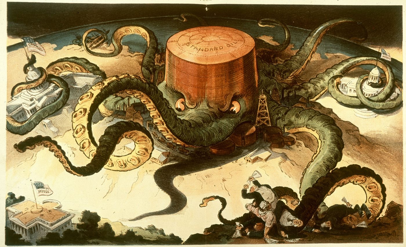 The Standard Oil monopoly caricatured as an octopus, its tentacles reaching Congress, statehouses, and the White House — Puck magazine, September 1904