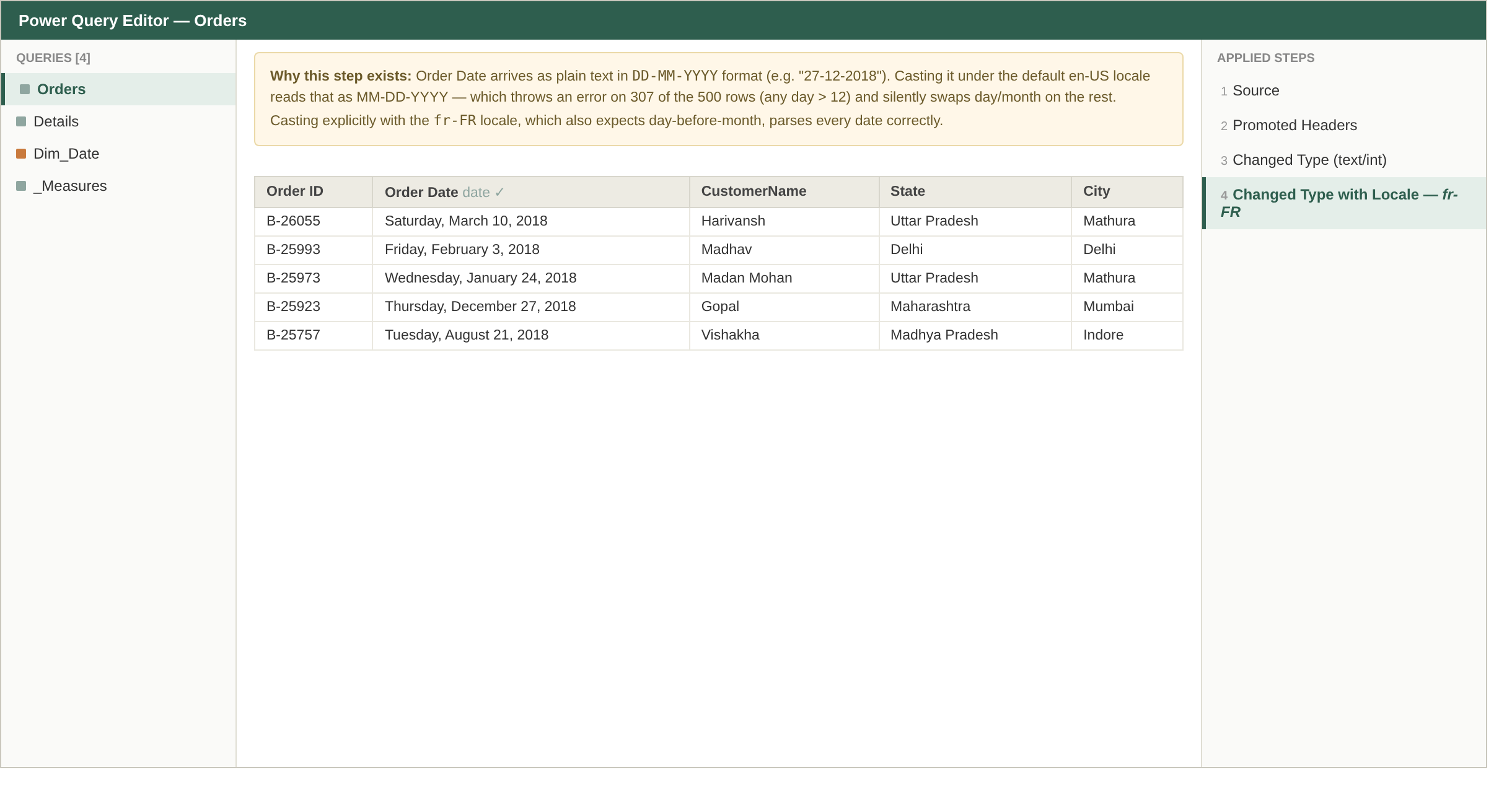 Power Query Editor — Applied Steps showing the locale-aware date cast
